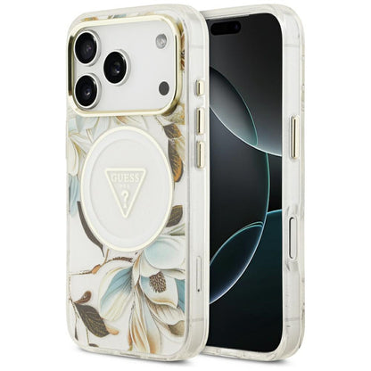 MagSafe Case for Apple iPhone 18 Pro / 17 Pro, Guess, IML Metal Glitter Flowers Triangle, White