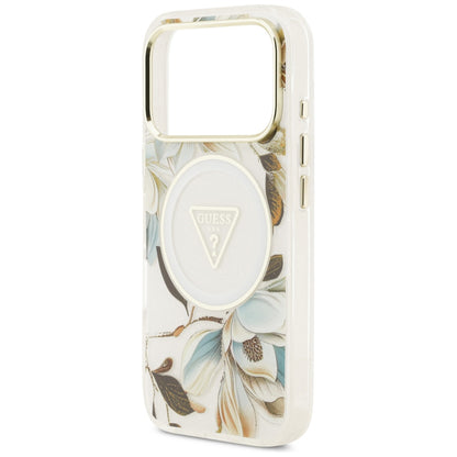 MagSafe Case for Apple iPhone 18 Pro / 17 Pro, Guess, IML Metal Glitter Flowers Triangle, White
