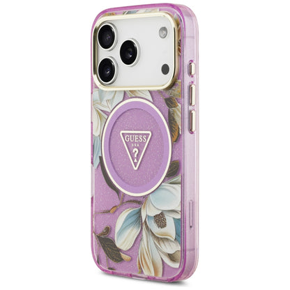 MagSafe Case for Apple iPhone 18 Pro / 17 Pro, Guess, IML Metal Glitter Flowers Triangle, Purple