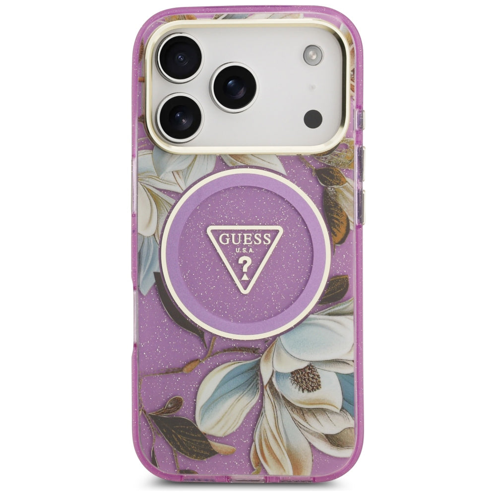 MagSafe Case for Apple iPhone 18 Pro / 17 Pro, Guess, IML Metal Glitter Flowers Triangle, Purple