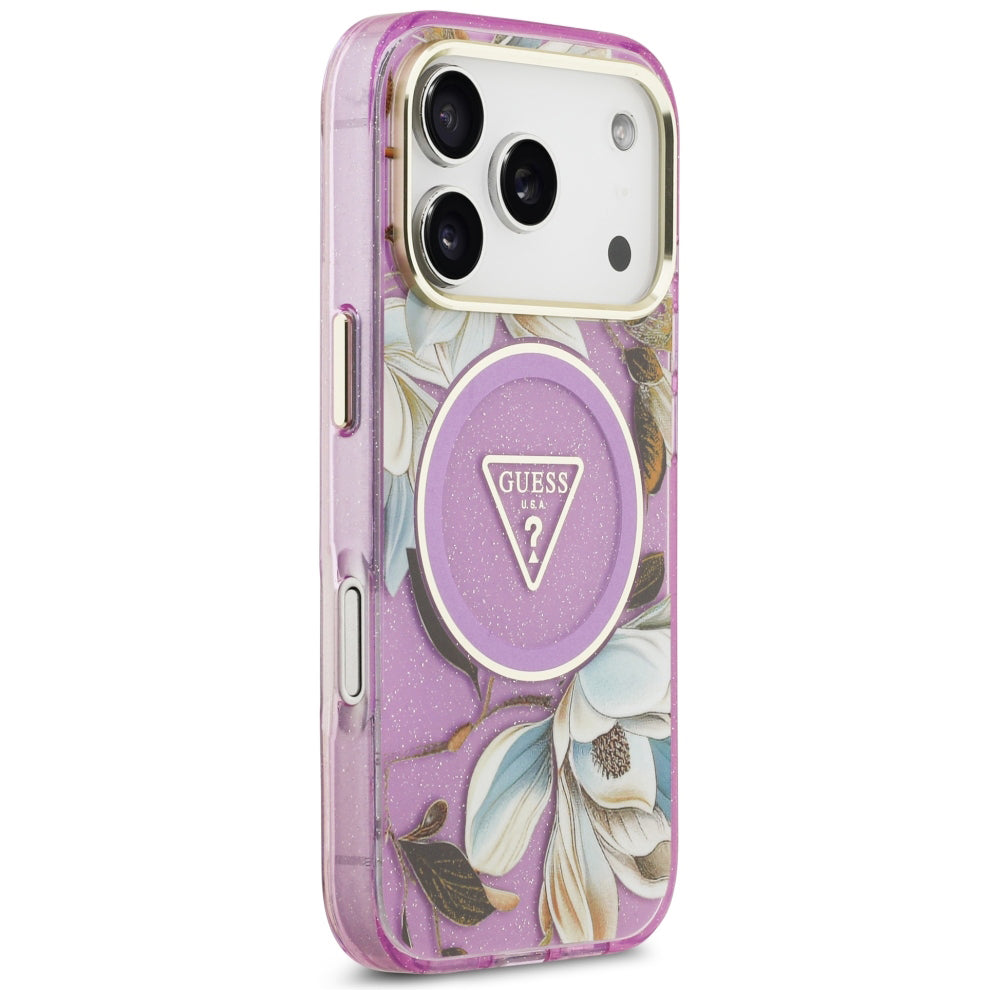 MagSafe Case for Apple iPhone 18 Pro / 17 Pro, Guess, IML Metal Glitter Flowers Triangle, Purple