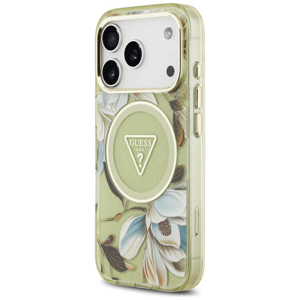 MagSafe Case for Apple iPhone 18 Pro / 17 Pro, Guess, IML Metal Glitter Flowers Triangle, Green