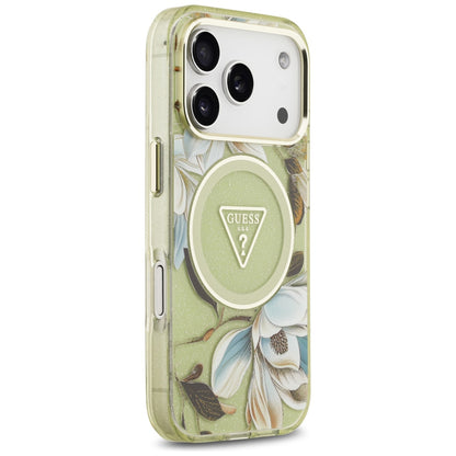 MagSafe Case for Apple iPhone 18 Pro / 17 Pro, Guess, IML Metal Glitter Flowers Triangle, Green
