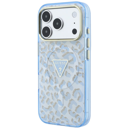 MagSafe Case for Apple iPhone 18 Pro / 17 Pro, Guess, Leopard Glitter Triangle Logo, Blue