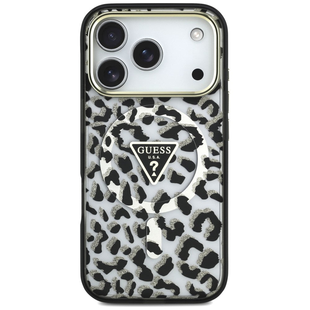 MagSafe Case for Apple iPhone 18 Pro / 17 Pro, Guess, Leopard Glitter Triangle Logo, Black