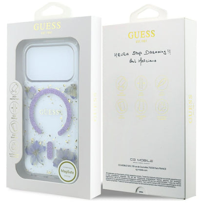 MagSafe Case for Apple iPhone 18 Pro / 17 Pro, Guess, Resin Flowers and Glitter, Purple