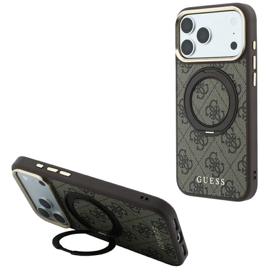 MagSafe Case for Apple iPhone 18 Pro / 17 Pro, Guess, Ring Stand 360 4G Classic Logo, Brown