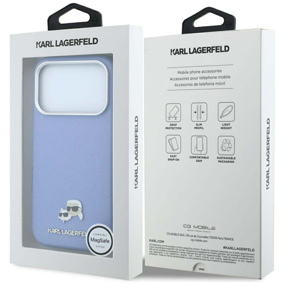 MagSafe Case for Apple iPhone 18 Pro / 17 Pro, Karl Lagerfeld, Grained Karl & Choupette Head's Metal, Blue
