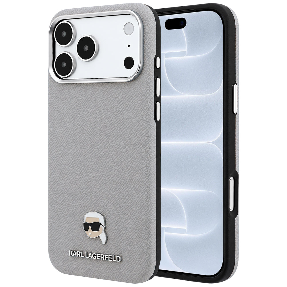 MagSafe Case for Apple iPhone 18 Pro / 17 Pro, Karl Lagerfeld, Grained Karl Head's Metal, Gray