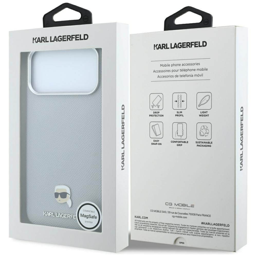 MagSafe Case for Apple iPhone 18 Pro / 17 Pro, Karl Lagerfeld, Grained Karl Head's Metal, Gray