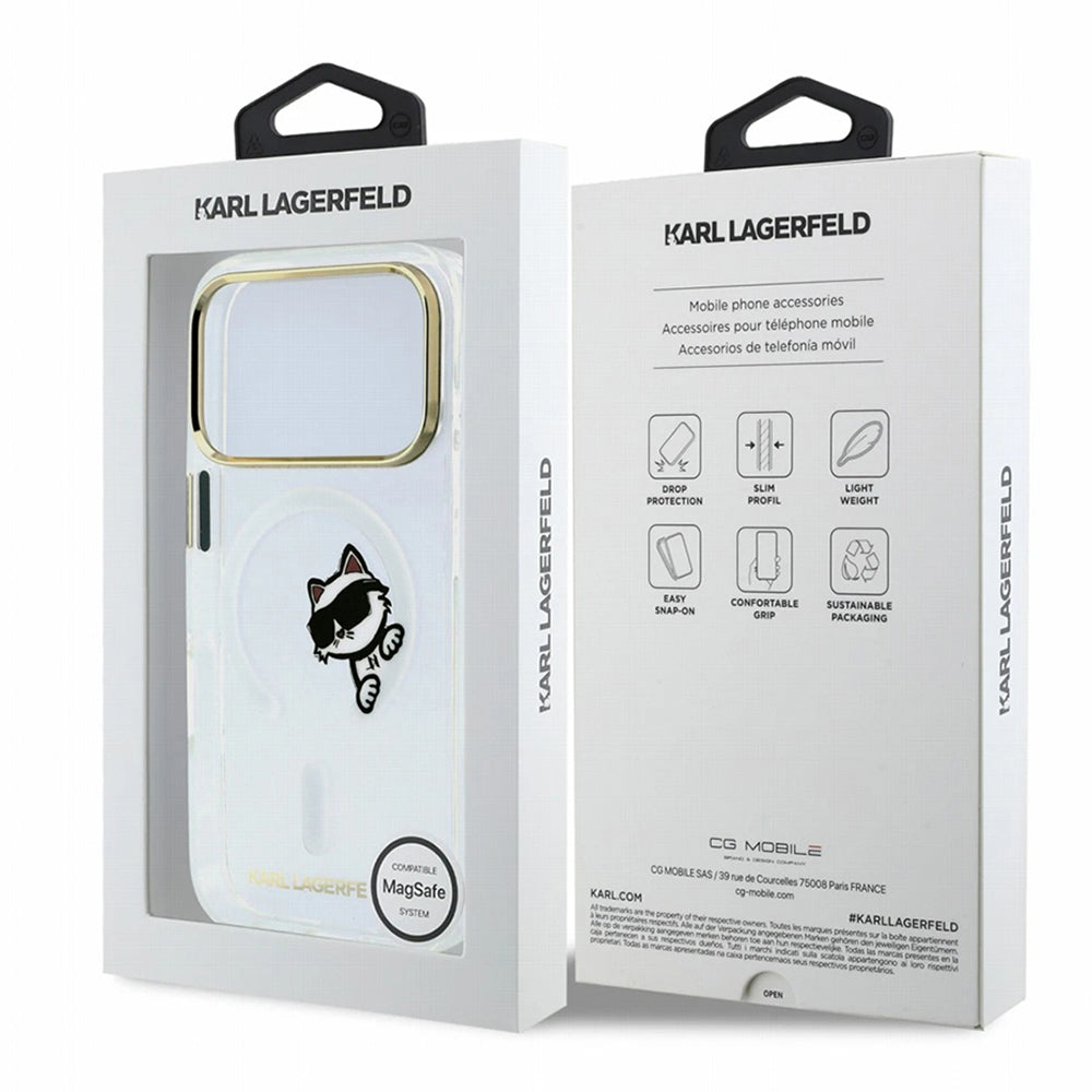 MagSafe Case for Apple iPhone 18 Pro / 17 Pro, Karl Lagerfeld, IML Peekaboo Print and Metal Frame, Transparent