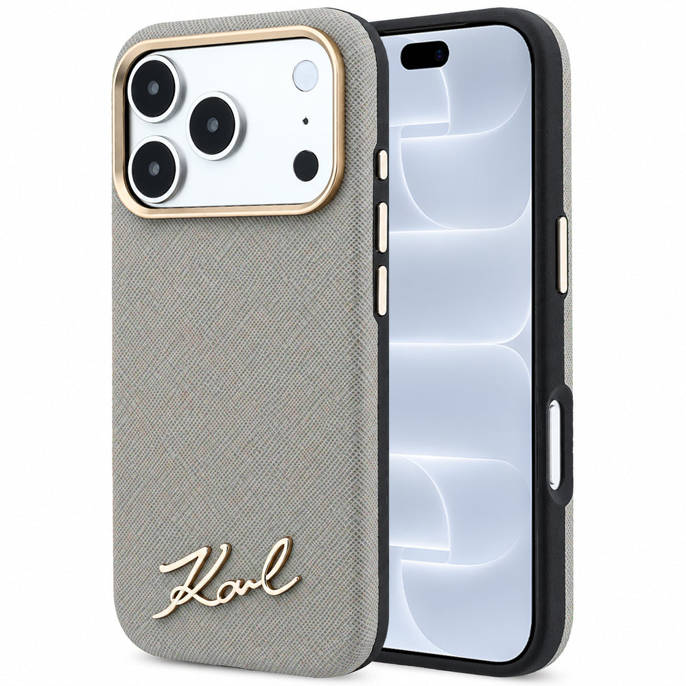 MagSafe Case for Apple iPhone 18 Pro / 17 Pro, Karl Lagerfeld, Saffiano Small Script Metal Logo, Gray Beige