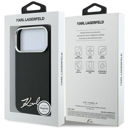 MagSafe Case for Apple iPhone 18 Pro / 17 Pro, Karl Lagerfeld, Saffiano Small Script Metal Logo, Black