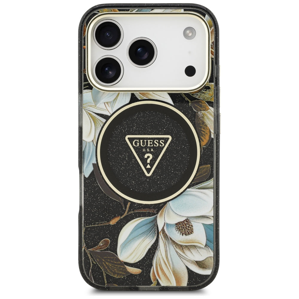 MagSafe Case for Apple iPhone 18 Pro, Guess, IML Metal Glitter Flowers Triangle, Black
