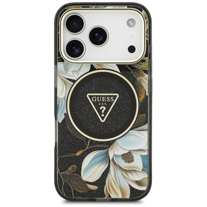 MagSafe Case for Apple iPhone 18 Pro, Guess, IML Metal Glitter Flowers Triangle, Black