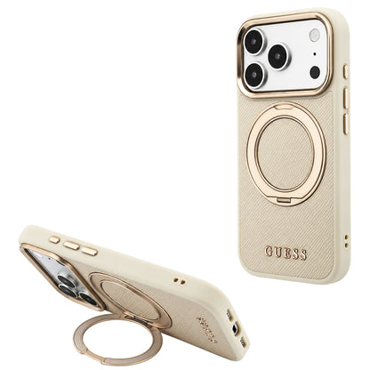 MagSafe Case for Apple iPhone 18 Pro Max / 17 Pro Max, Guess, Grained Ring Stand 360 Classic, Beige