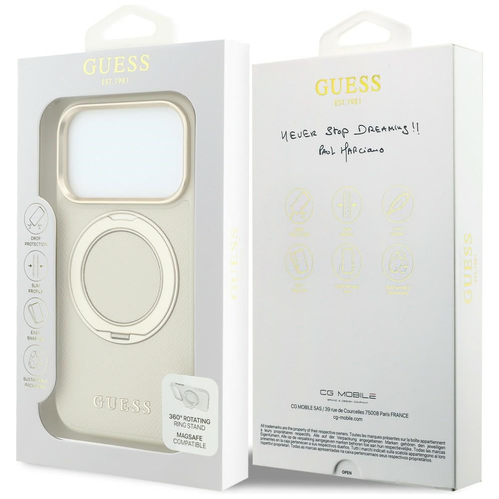 MagSafe Case for Apple iPhone 18 Pro Max / 17 Pro Max, Guess, Grained Ring Stand 360 Classic, Beige