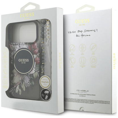 MagSafe Case for Apple iPhone 18 Pro Max / 17 Pro Max, Guess, IML Flowers with Pearl Strap, Black