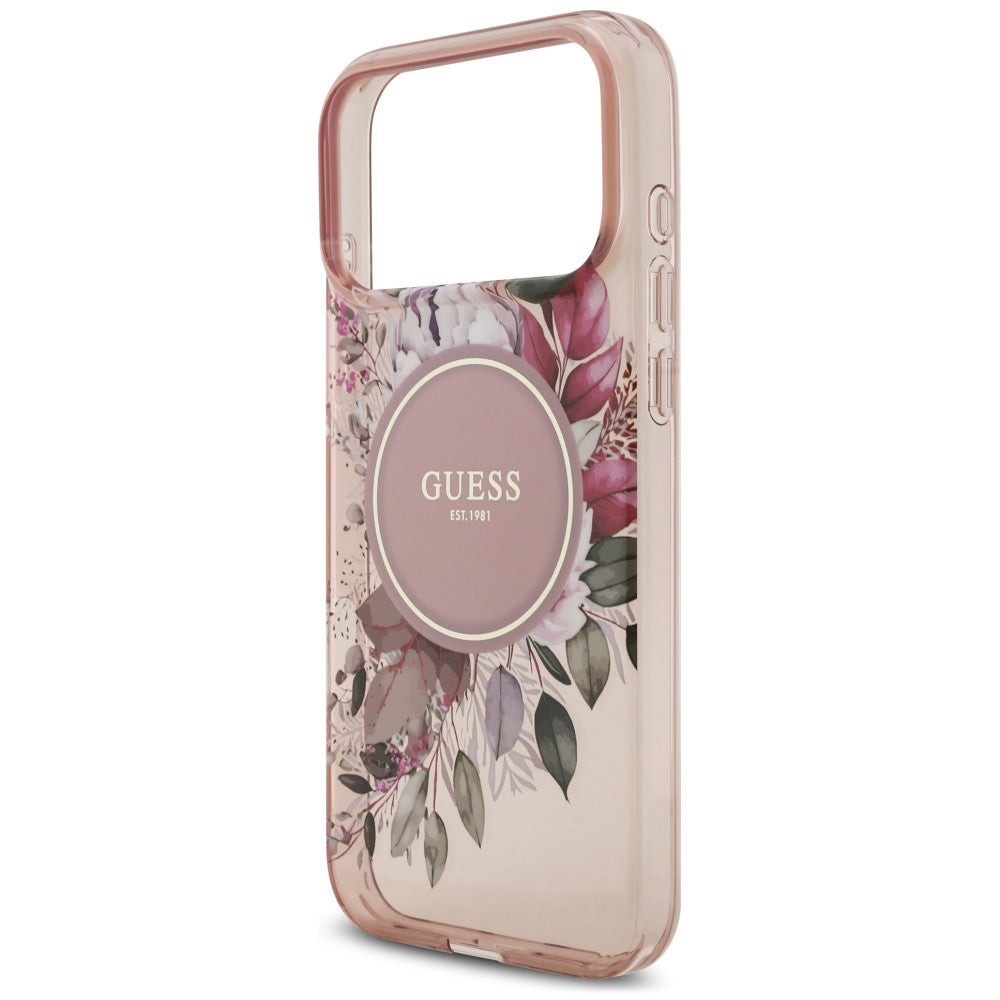 MagSafe Case for Apple iPhone 18 Pro Max / 17 Pro Max, Guess, IML Flowers with Pearl Strap, Pink