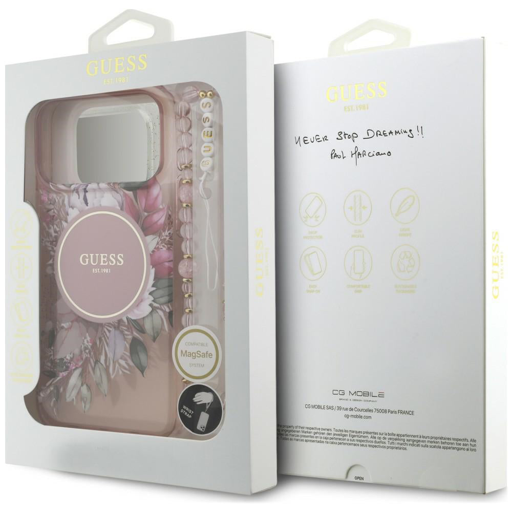 MagSafe Case for Apple iPhone 18 Pro Max / 17 Pro Max, Guess, IML Flowers with Pearl Strap, Pink