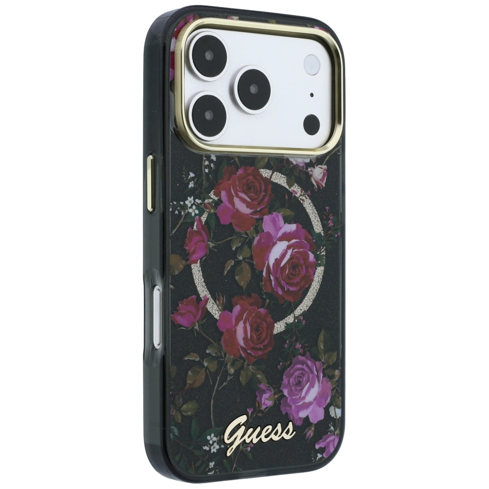 MagSafe Case for Apple iPhone 18 Pro Max / 17 Pro Max, Guess, IML Glitter Blossom Roses, Black