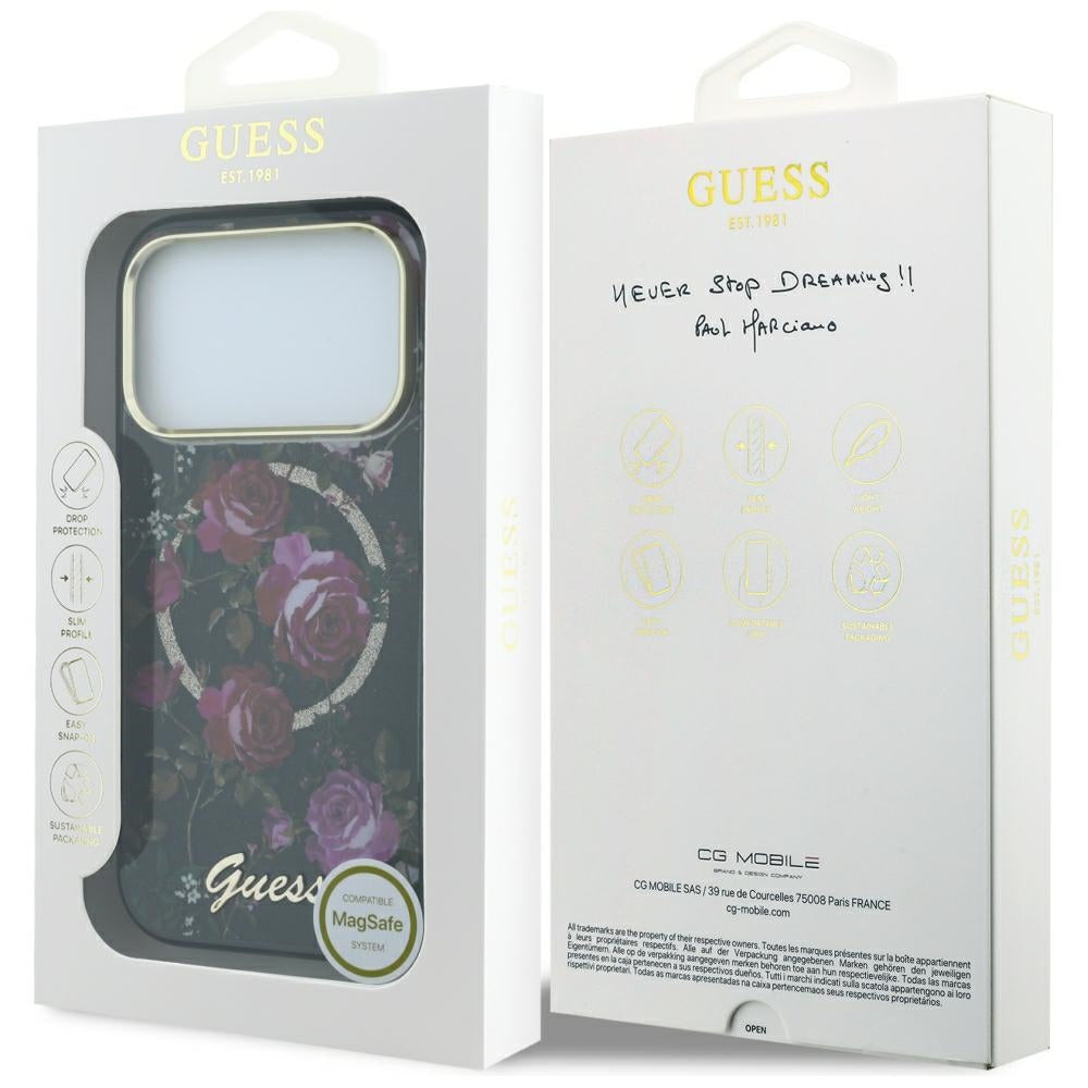 MagSafe Case for Apple iPhone 18 Pro Max / 17 Pro Max, Guess, IML Glitter Blossom Roses, Black