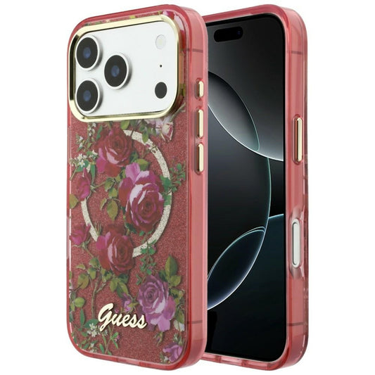 MagSafe Case for Apple iPhone 18 Pro Max / 17 Pro Max, Guess, IML Glitter Blossom Roses, Burgundy