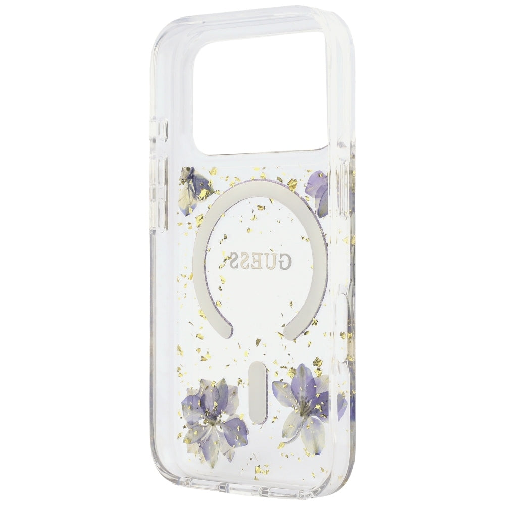 MagSafe Case for Apple iPhone 18 Pro Max / 17 Pro Max, Guess, Resin Flowers and Glitter, Purple