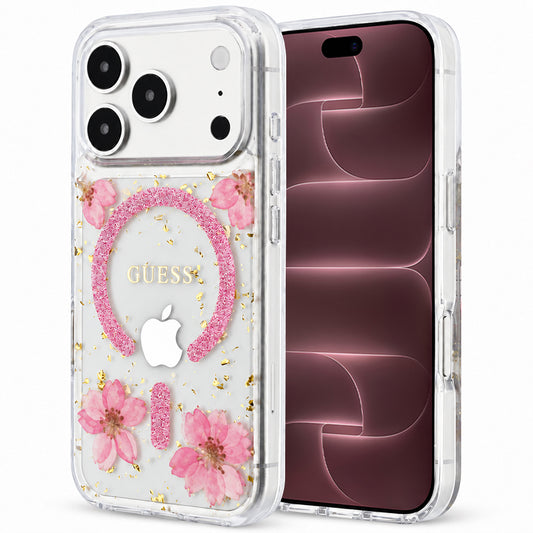 MagSafe Case for Apple iPhone 18 Pro Max / 17 Pro Max, Guess, Resin Flowers and Glitter, Pink
