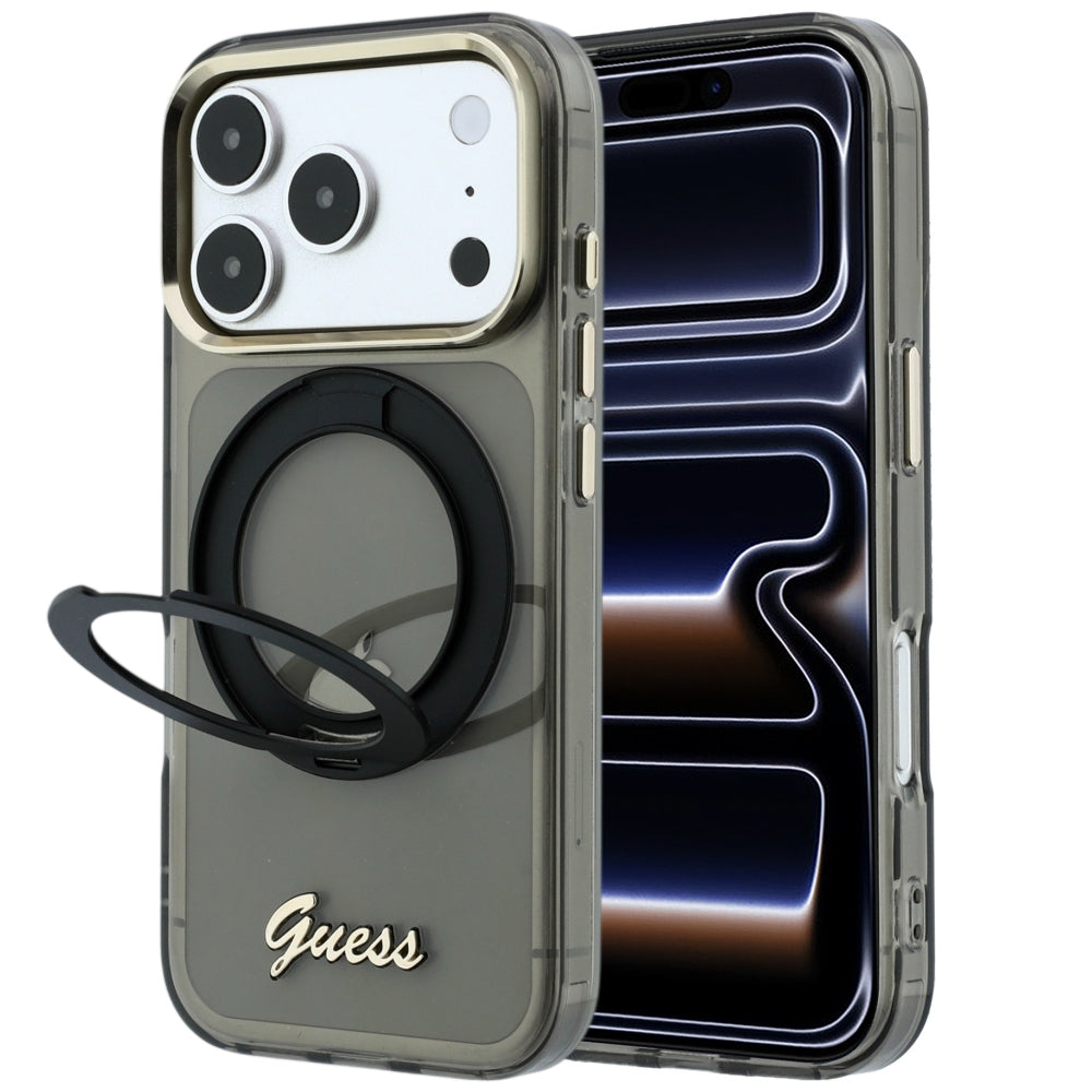 MagSafe Case for Apple iPhone 18 Pro Max / 17 Pro Max, Guess, Ring Stand Script Metal Logo, Black