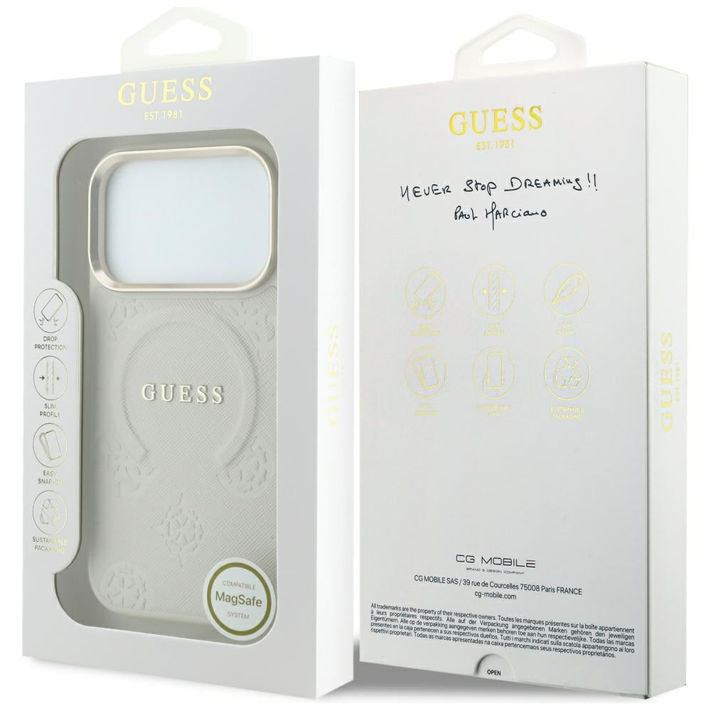 MagSafe Case for Apple iPhone 18 Pro Max / 17 Pro Max, Guess, Saffiano Peony Hot Stamp, Beige