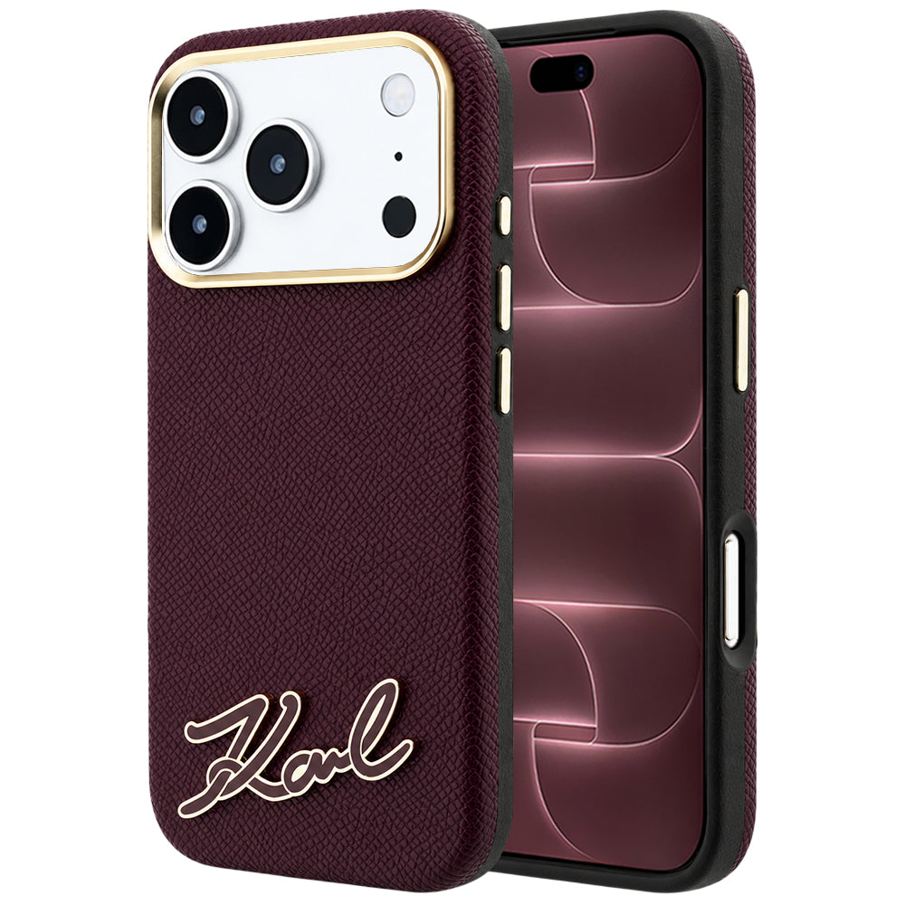 MagSafe Case for Apple iPhone 18 Pro Max / 17 Pro Max, Karl Lagerfeld, Grained Resin Sign Logo, Burgundy
