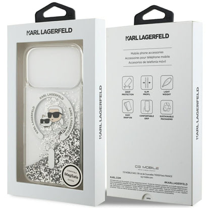 MagSafe Case for Apple iPhone 18 Pro Max / 17 Pro Max, Karl Lagerfeld, Liquid Glitter Karl & Choupette Head's, Transparent