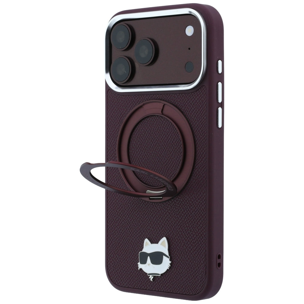 MagSafe Case for Apple iPhone 18 Pro Max / 17 Pro Max, Karl Lagerfeld, Saffiano Ring Stand 360 Choupette Pin, Burgundy