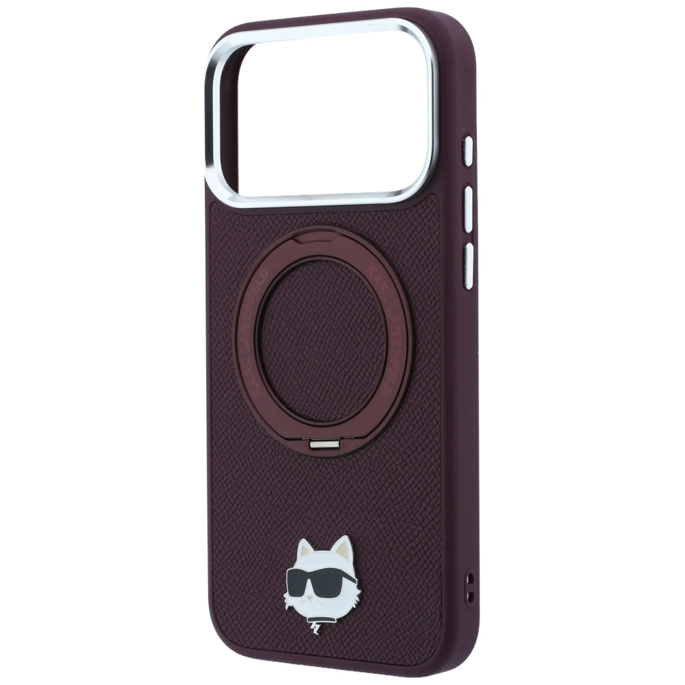 MagSafe Case for Apple iPhone 18 Pro Max / 17 Pro Max, Karl Lagerfeld, Saffiano Ring Stand 360 Choupette Pin, Burgundy