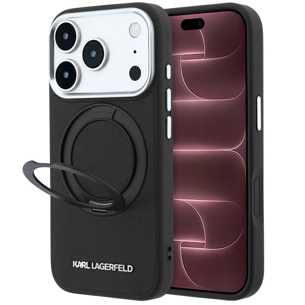 MagSafe Case for Apple iPhone 18 Pro Max / 17 Pro Max, Karl Lagerfeld, Ring Stand 360 Saffiano, Black