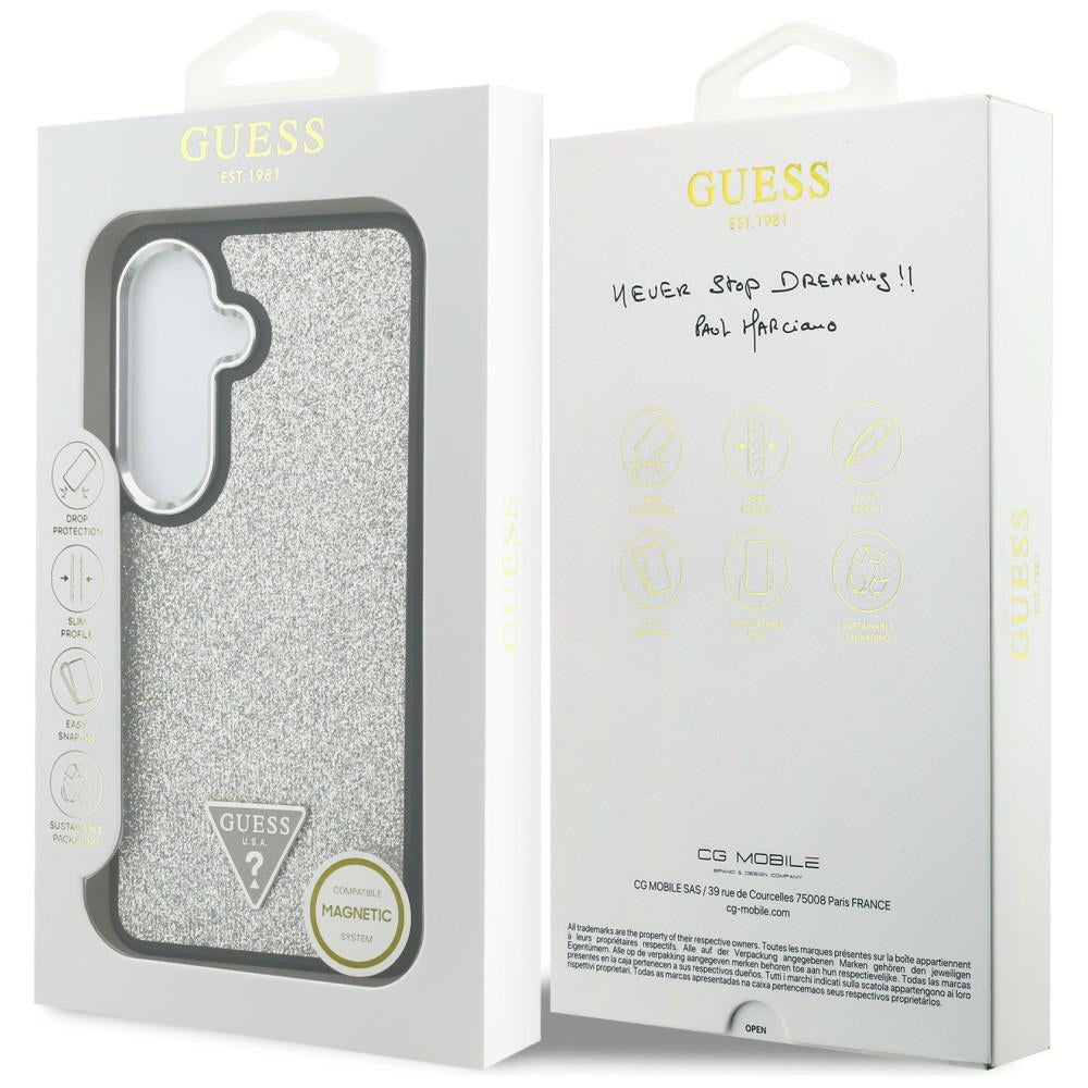 MagSafe Case for Samsung Galaxy S26 S942, Guess, Fixed Glitter Triangle Logo, Silver