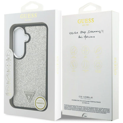 MagSafe Case for Samsung Galaxy S26 S942, Guess, Fixed Glitter Triangle Logo, Silver