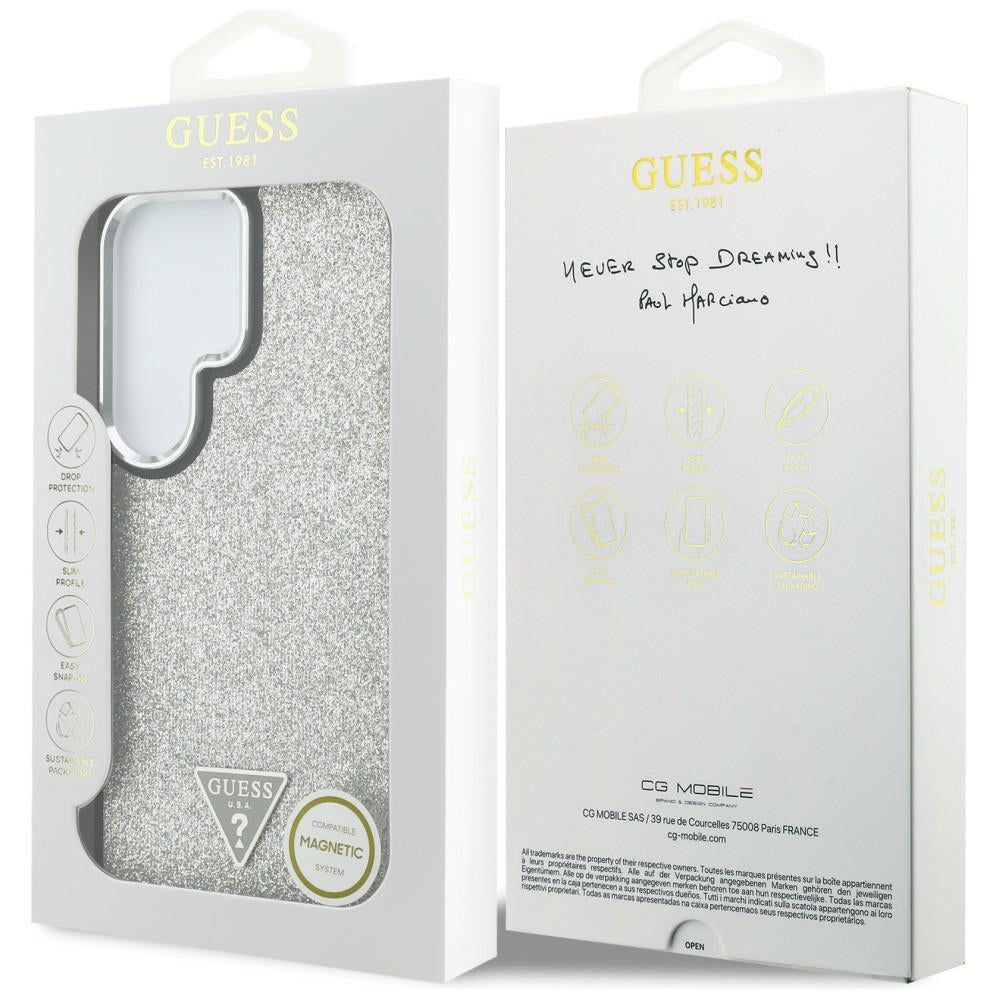 MagSafe Case for Samsung Galaxy S26 Ultra S948, Guess, Fixed Glitter Triangle Logo, Silver