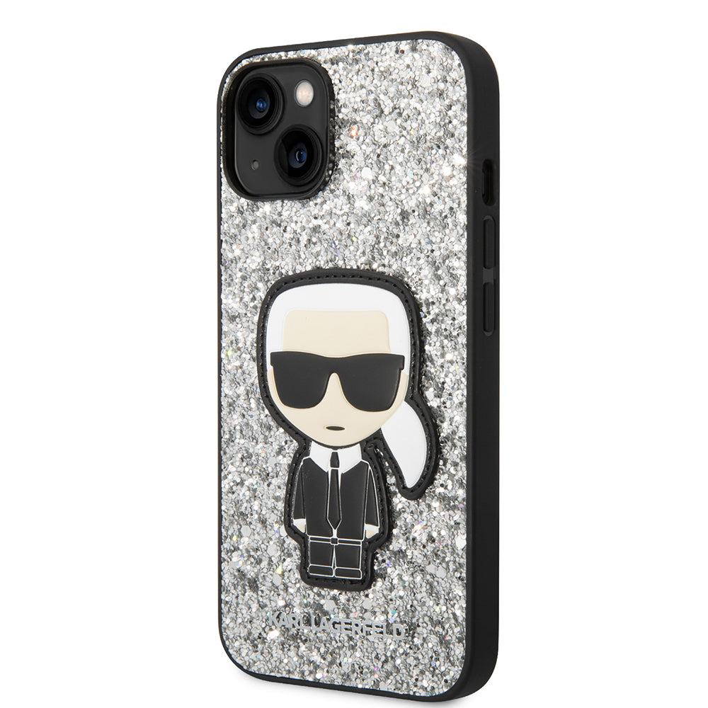 Case for Apple iPhone 14, Karl Lagerfeld, Glitter Flakes Ikonik Karl, Silver