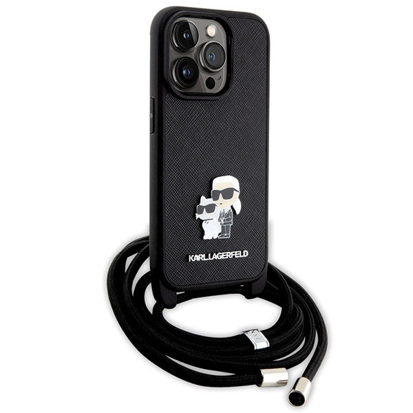 Case for Apple iPhone 14 Pro, Karl Lagerfeld, Saffiano Crossbody Metal Pin Karl & Choupette, Black