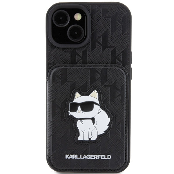 Case for Apple iPhone 15, Karl Lagerfeld, Saffiano Cardslots and Stand Monogram Choupette, Black