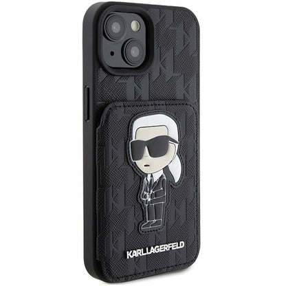 Case for Apple iPhone 15, Karl Lagerfeld, Saffiano Cardslots and Stand Monogram Ikonik Karl, Black