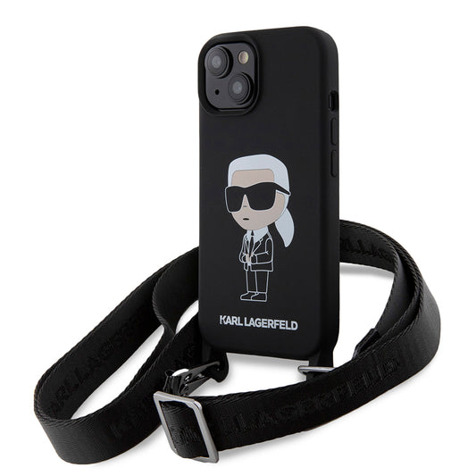 Case for Apple iPhone 15, Karl Lagerfeld, Silicone Crossbody Ikonik Karl, Black