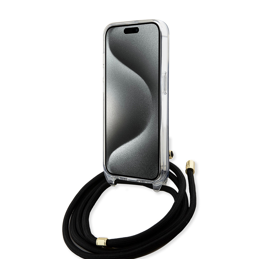 Case for Apple iPhone 15 Pro, Guess, Crossbody Cord 4G Print, Black