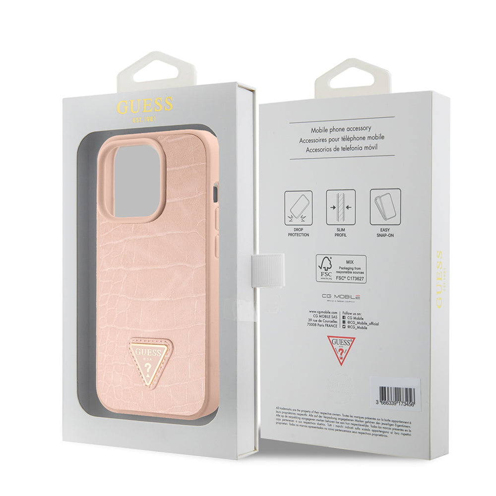 Case for Apple iPhone 15 Pro, Guess, Croco Triangle Metal Logo, Pink