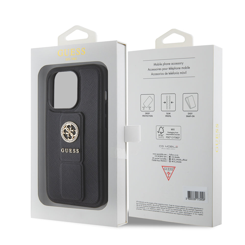 Case for Apple iPhone 15 Pro, Guess, Grip Stand 4G Saffiano Strass, Black