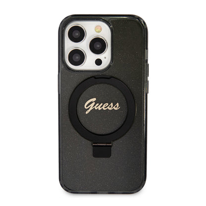 MagSafe Case for Apple iPhone 15 Pro, Guess, IML Ring Stand Glitter, Black
