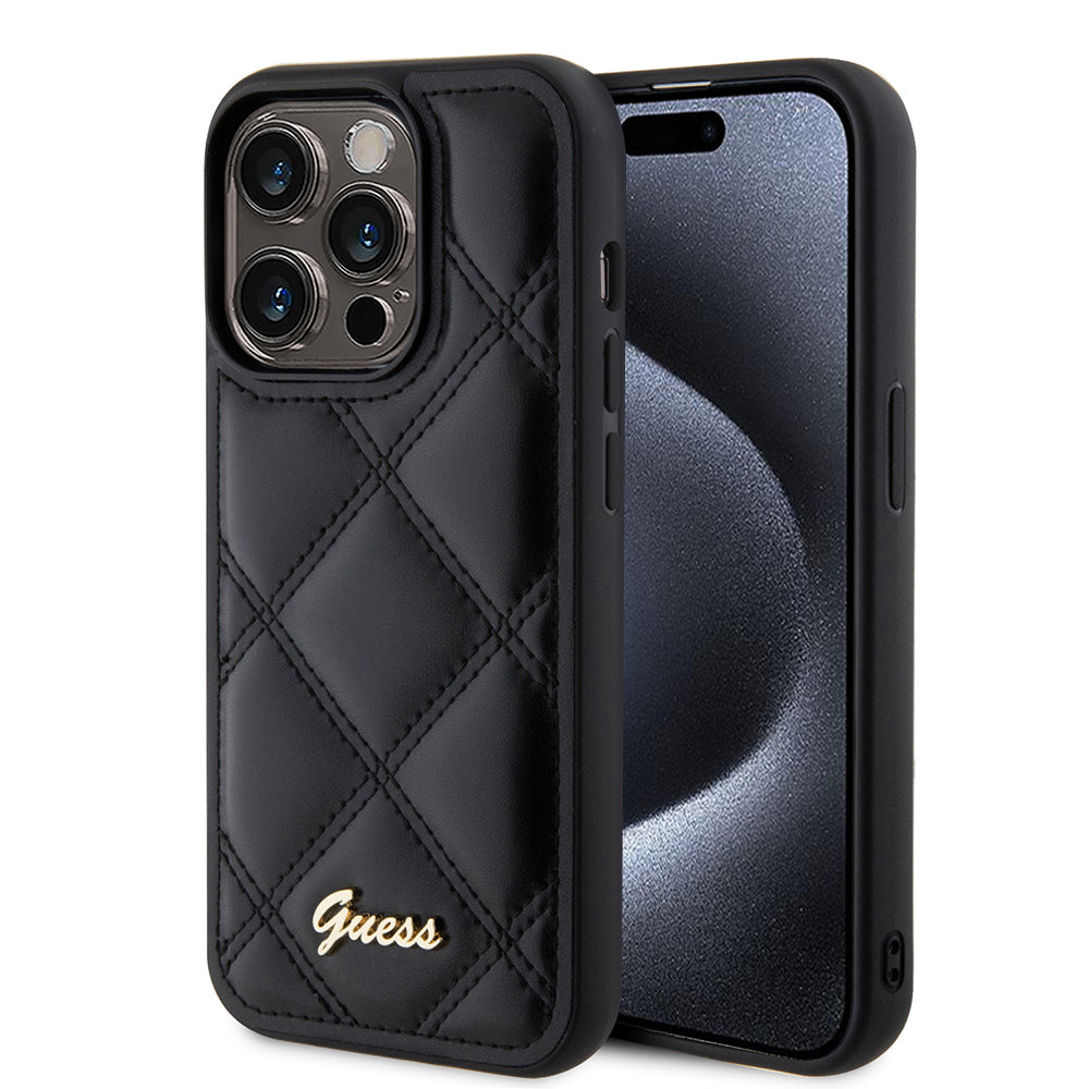 Case for Apple iPhone 15 Pro, Guess, Quilted Metal Logo, Black