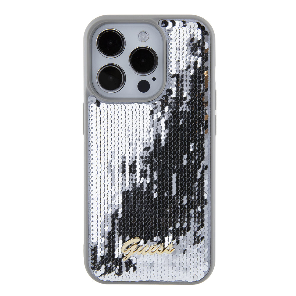 Case for Apple iPhone 15 Pro, Guess, Sequin Script Metal, Silver